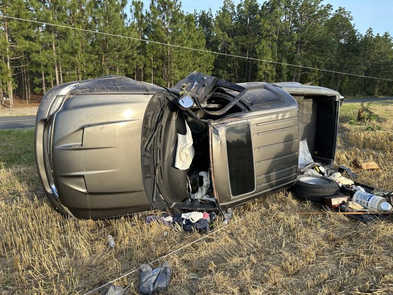 Truck splits phone pole, overturns, driver leaves scene