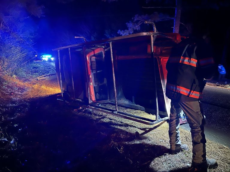 Truck overturns on Tarry Church Road, driver arrested