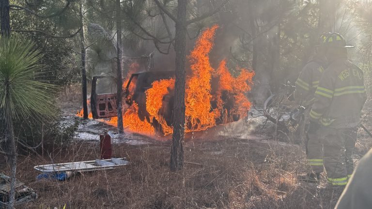 Truck catches fire in woods a mile off road in Jackson Springs