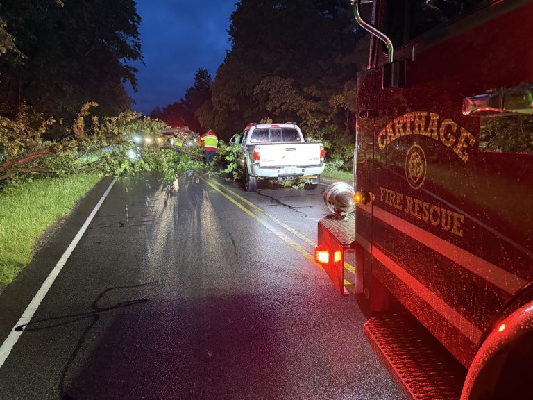 Truck hits downed tree on Glendon-Carthage Road; no injuries reported