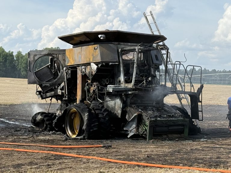 Blaze destroys combine, burns field and power line in Eagle Springs