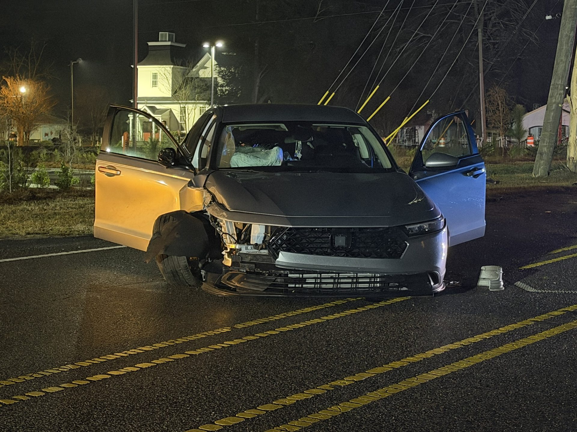 Power pole snapped in late night crash shuts down Highway 211 in West ...
